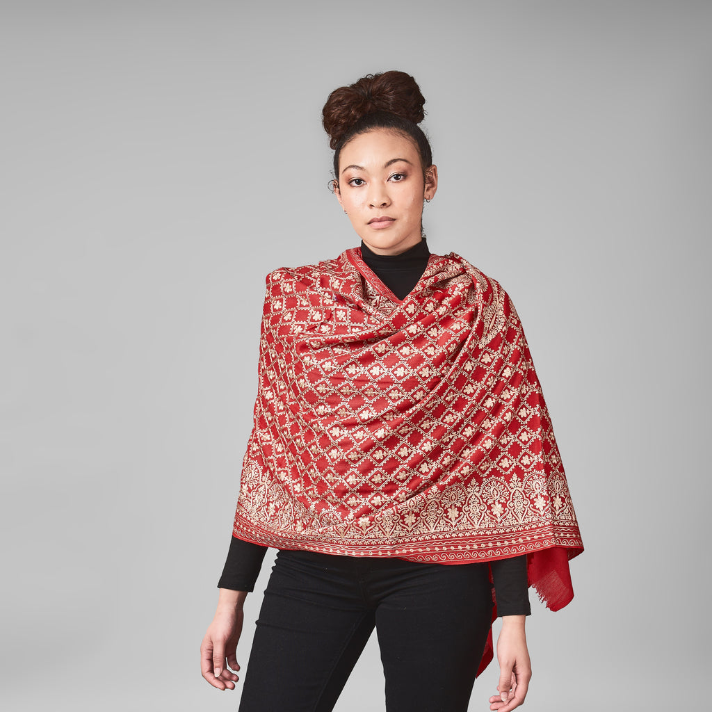 Embroidered Shawl - Ruby