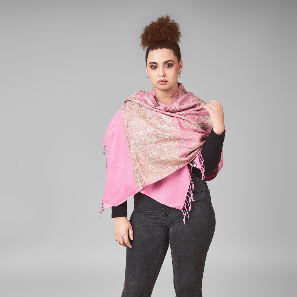 Embroidered Shawl - Pink/Gold