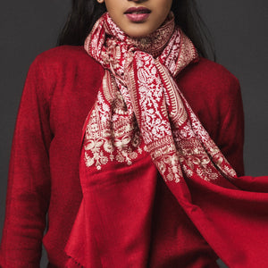 Embroidered Shawl Cashmere- Red/White