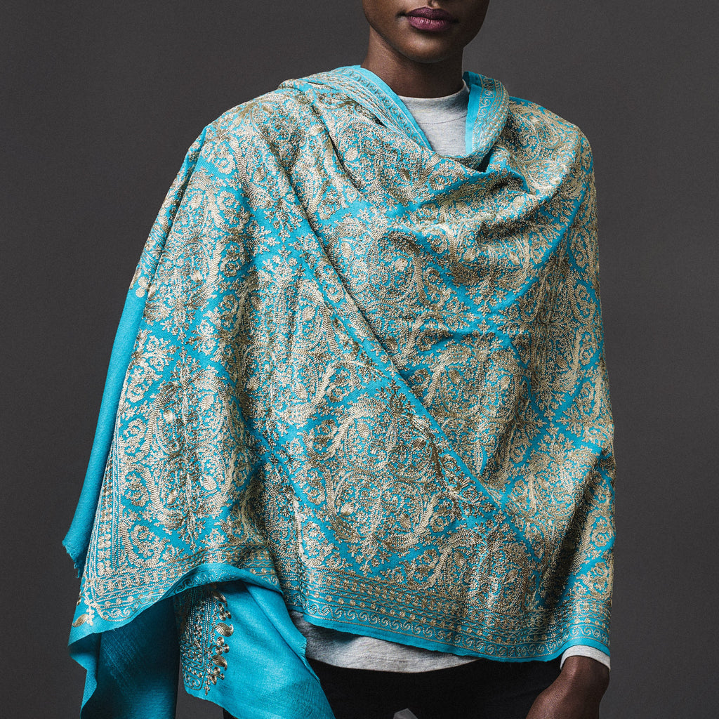 Embroidered Shawl Cashmere- Turquoise