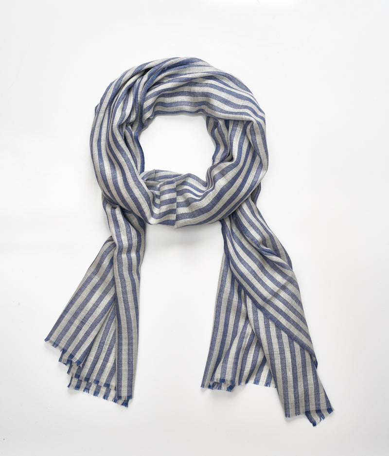Men's Cashmere Scarf - Blue & Light Grey Stripe